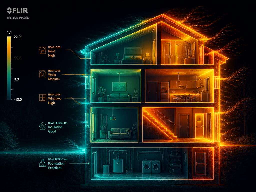 Thermal imaging cross-section showing heat flow through a building envelope.