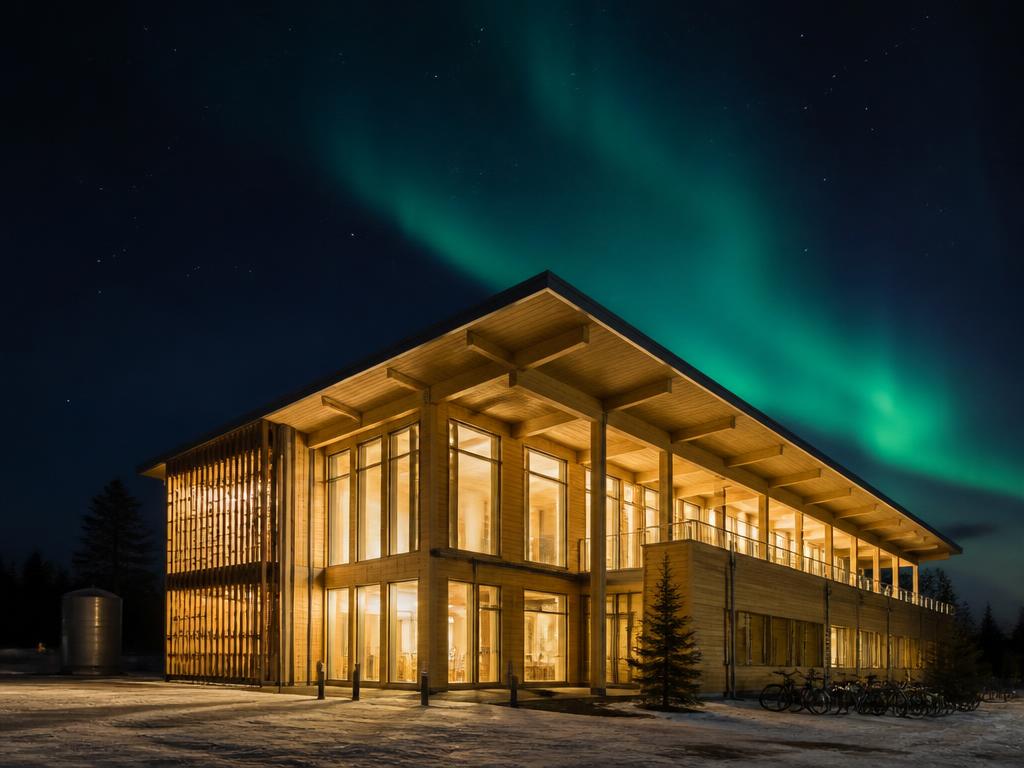 Contemporary mass-timber net-zero building glowing at twilight.