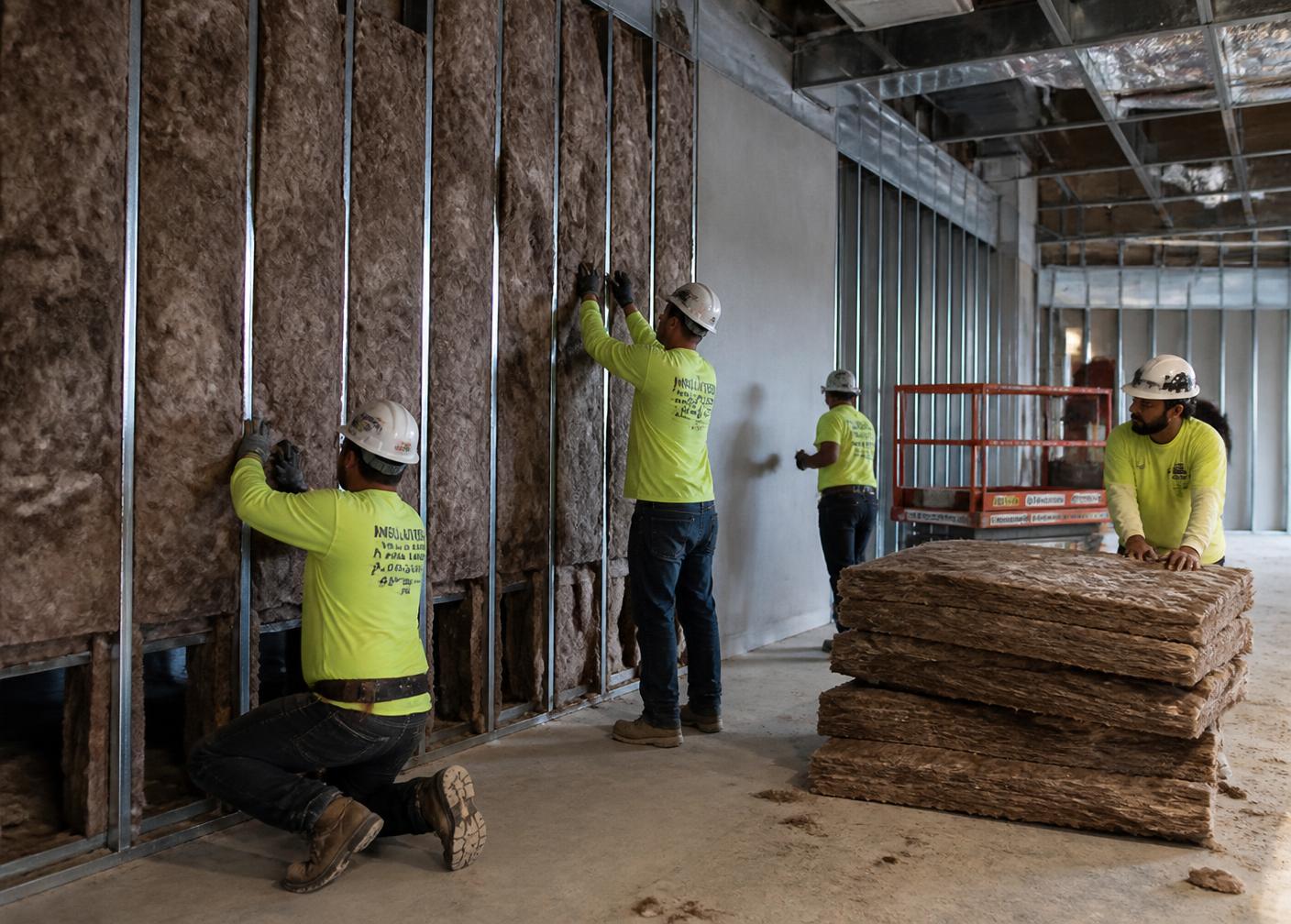 NRG insulation crew installing mineral wool batts in a commercial building under construction